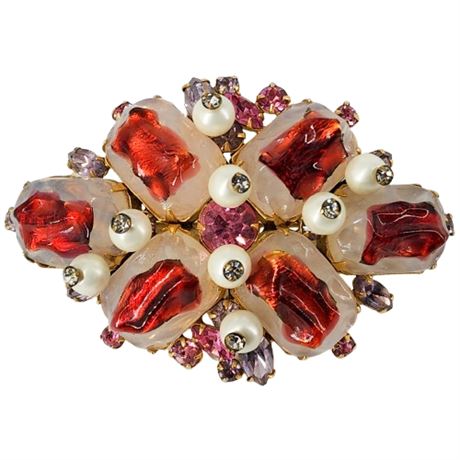Vintage Marvella Textured Art Glass & Rhinestone Brooch