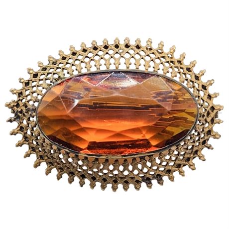 Vintage Victorian Topaz Glass Filigree Brooch