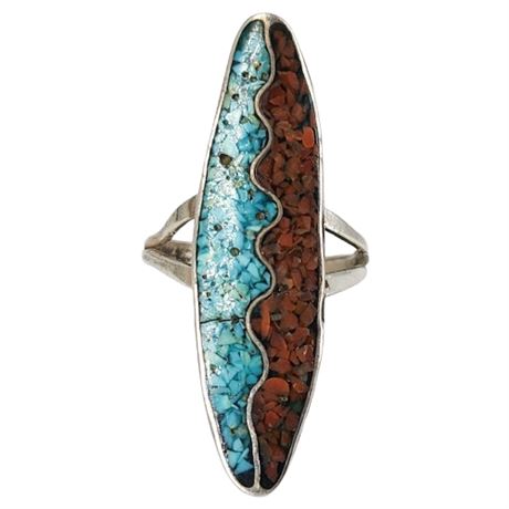 Vintage Sterling Silver Native American Turquoise & Coral Chip Ring, Sz 6