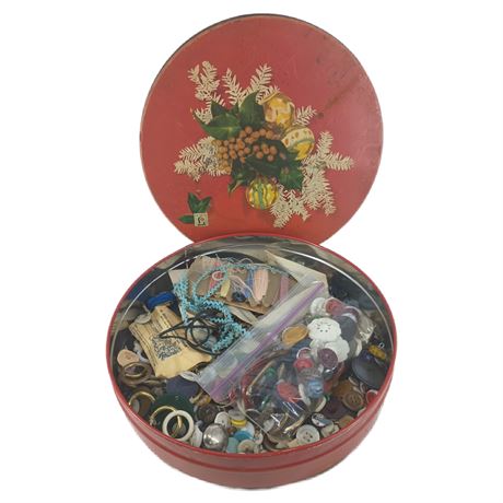 Buttons Galore and Other Sewing Notions in Vintage Tin