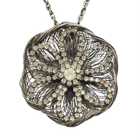 Vintage Wirework & Rhinestone Flower Pendant Necklace