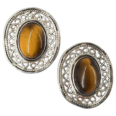 Vintage Sterling Silver Filigree & Tiger's Eye Earrings