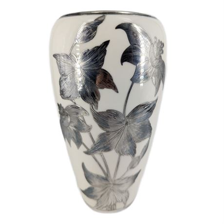 Willets Belleek American Porcelain Sterling Silver Overlay Flowers Vase