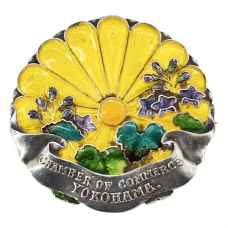Vtg Sterling Silver & Enamel Yokohama Chamber of Commerce Brooch