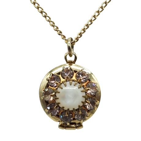 Vintage Mother of Pearl & Rhinestone Mini Locket Necklace