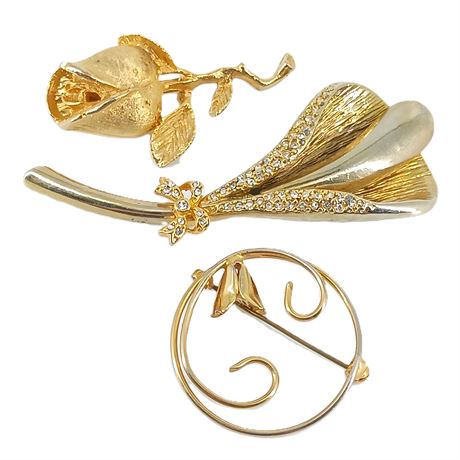 Vintage Gold-Tone Floral Brooch Trio - Calla Lily and Rose
