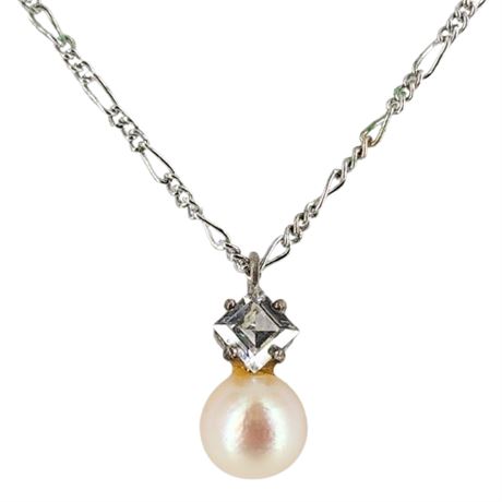 Vintage Genuine Cultured Pearl & White Spinel Sterling Silver Pendant Necklace