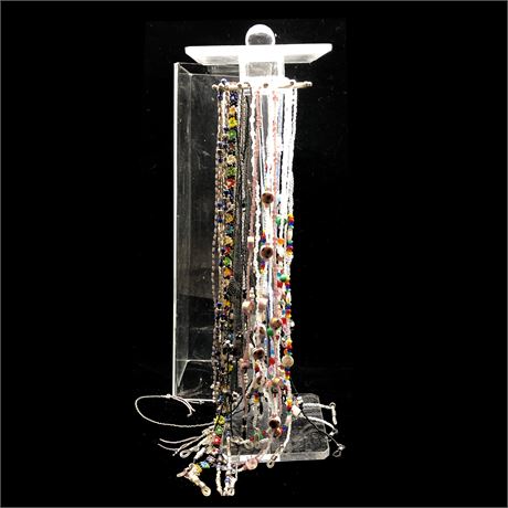 Lot of Handmade Eyeglass Chains in Tall Clear Acrylic Hanging Necklace Box