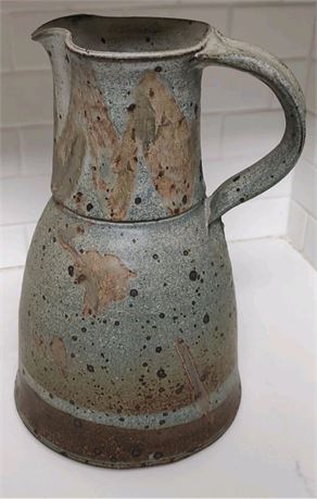 Heavy Stoneware Art pottery pitcher Earthenware Turquoise Brown Signed