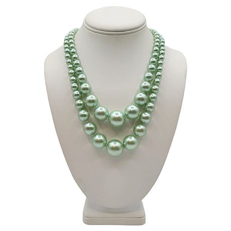Vintage Mid-Century 2-Strand Mint Green Faux Pearl Statement Necklace