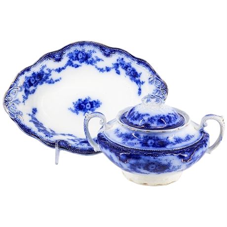 Vintage Grindley "Florida" Flow Blue Serving Pieces x2