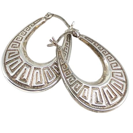 Vintage 925 Sterling Silver Greek Key Hoop Earrings, Oval Drop, Classic Motif