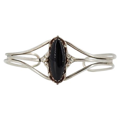 Vtg Sterling Silver Black Onyx Cuff Bracelet, Flawed