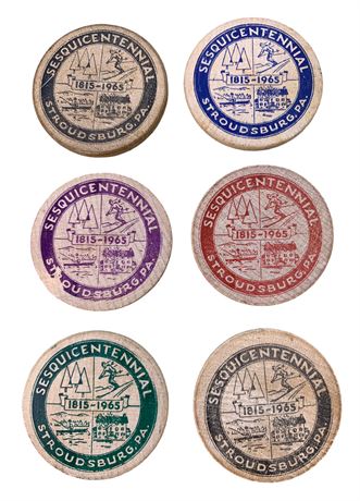 Six 1965 Sesquicentennial Souvenir Stroudsburg PA Wooden Nickels