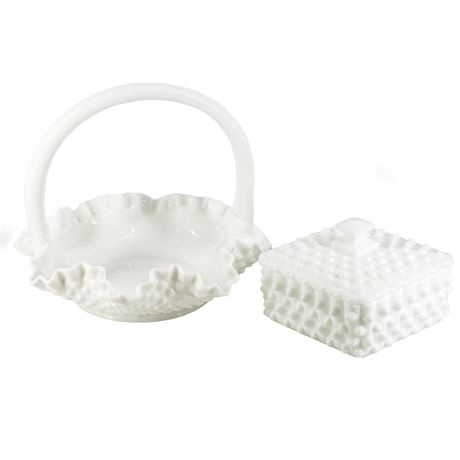Vintage Fenton Milk Glass Hobnail Basket & Trinket Box