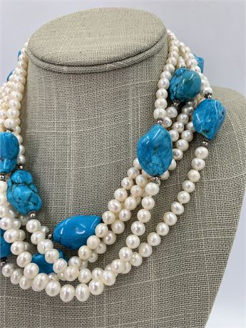 Luminous Pearl & Turquoise Nugget 5 Strand Statement Necklace