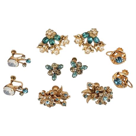 Five Pairs Vintage Gold Tone Aqua Rhinestone Clip Earrings
