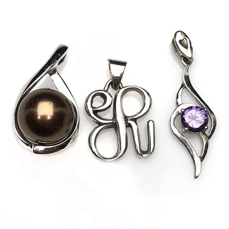 (3) Vintage Designer Sterling Silver Pendants Purple, Chocolate Brown & Initial