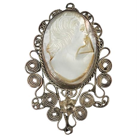 Vintage Hand Carved Mother of Pearl Cameo in Silver Tone Filigree Pendant