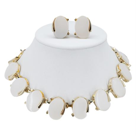 Vtg LERU White Moonglow Lucite Link Necklace & Clip Earrings Set