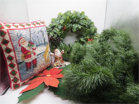 Christmas Wreath, Santa Pillow, Poinsettia & Lighted Garland