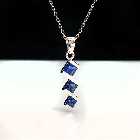 DaneCraft Sterling Silver Sapphire Blue CZ Tarnish Free Pendant Necklace
