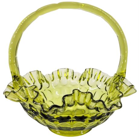 Vintage Fenton Colonial Olive Green Thumnprint Ruffle Edge Basket