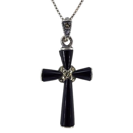 Vintage MARSALA Sterling Silver Black Onyx & Marcasite Cross Pendant Necklace