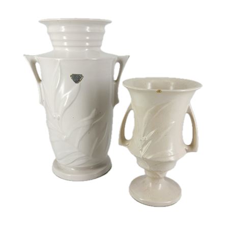 Vintage Pair of 1930's Roseville Pottery White Velmoss Handled Vases