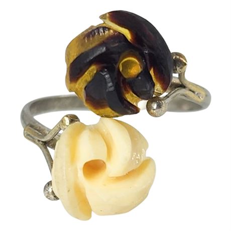 Vintage Silver Tone Carved Horn & Bone Flowers Wrap Ring, Sz 7
