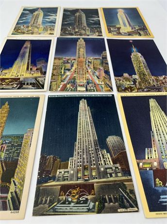 9 1940s Nightscape Downtown Travel Souvenir Postcards