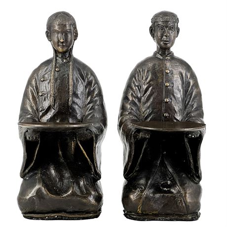 Vintage Chinese Bronze Kneeling Man & Woman Statues