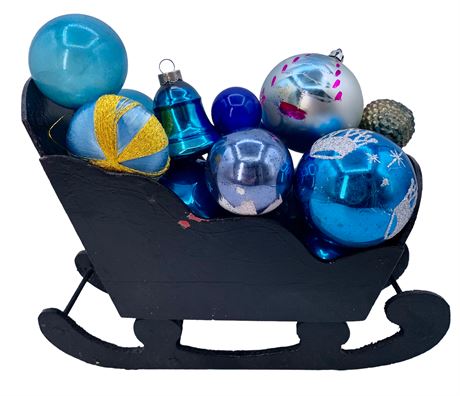 Vintage Blue Glass Ornaments in 10” Black Wood Sleigh