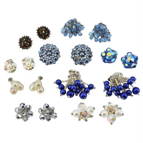 Nine Pairs Vintage Bead Cluster Clip Earrings
