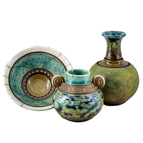 Lot of Three Handmade Mini Raku Pottery Pieces