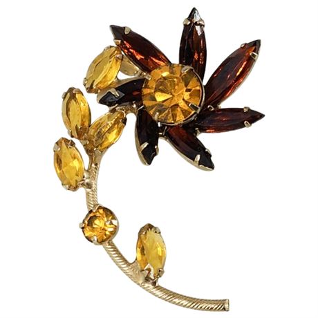 Vintage Prong Set Topaz Rhinestone & Navette Flower Brooch