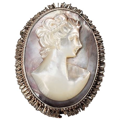 Vintage 800 Silver Carved Abalone Shell Cameo Brooch/Pendant