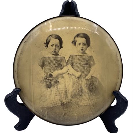 Antique Victorian Sisters Celluloid Button Sepia Photograph