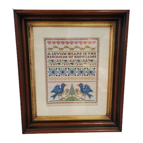 Framed 1940s "A Loving heart is the Beginning" Cross Stitch