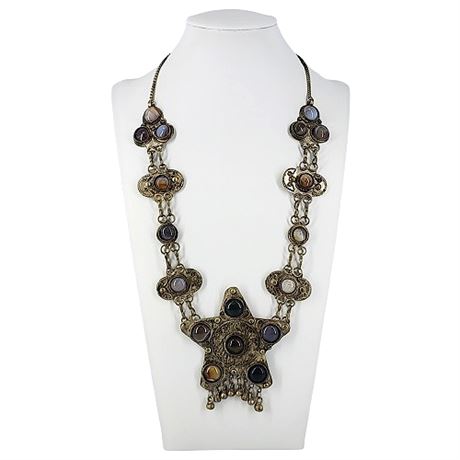 Vintage Tibetan Agate Gemstone Cabochon Statement Necklace