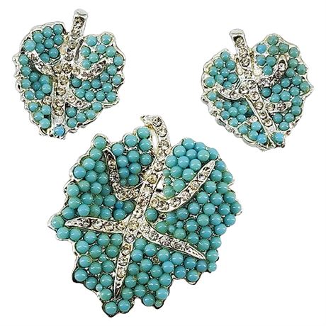 Vintage Faux Turquoise & Rhinestone Leaves Brooch & Clip Earrings Set