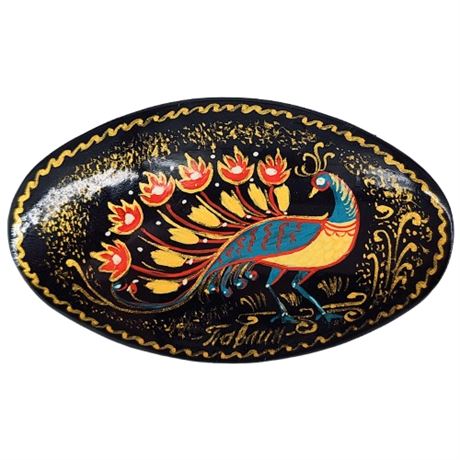 Vintage Hand Painted Russian Lacquer Peacock Brooch