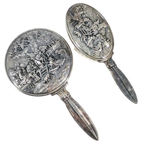 Silver-Plated Vanity Mirror and Brush with High-Relief Repousse