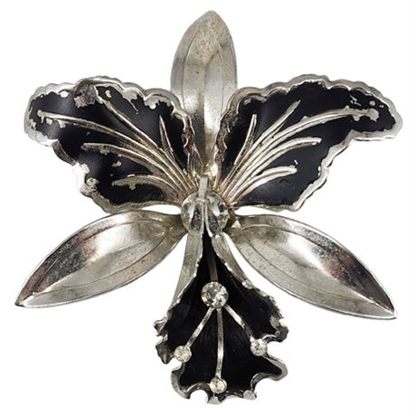 Vintage Large Silver Tone Black Enamel Orchid Brooch
