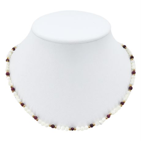 Vintage HOBE Mother of Pearl & Garnet Beaded Necklace