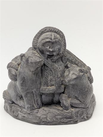 Vintage Detailed Inuit Child 2 Sled dogs Handmade Canada Soapstone