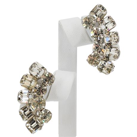 Vintage Prong Set Clear Rhinestone Climber Clip Earrings