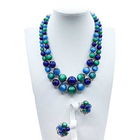 Signed Coro Blue/Green Moonglow Bead Necklace & Earrings Set