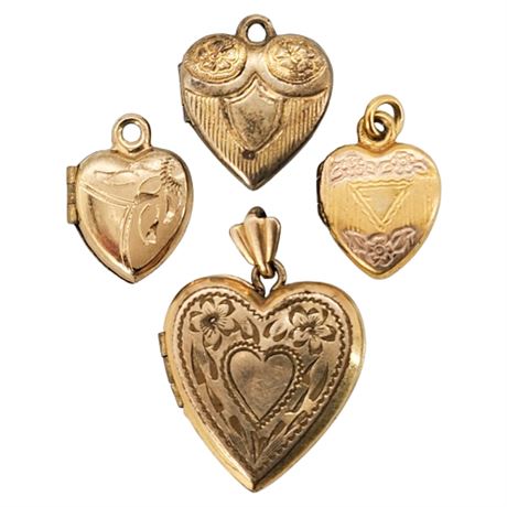 Four Vintage Miniature Gold Filled Heart Lockets