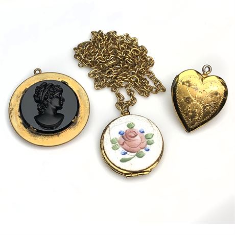 (3) Vintage Lockets- Painted Rose Enamel, Heart & Cameo Mourning